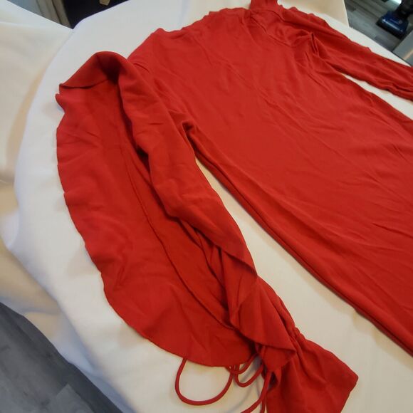 Zara Womens Red Open Sleeve Ruffled Mini Sweater Dress Sz Medium - Picture 6 of 9